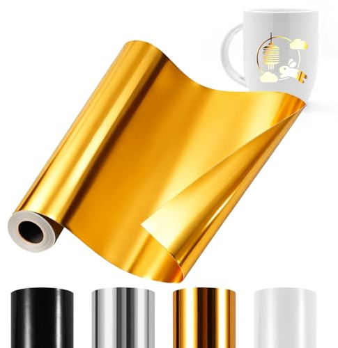 Withosent Vinylfolie Plotter Gold, 30 cm x 457,2 m Plotterfolie Vinyl Permanente Selbstklebend für Cricut, Silhouette Cameo 4, Metallic Goldfolie für DIY-Geschenke, Tasse, Fenster, Keramik, Kunststoff