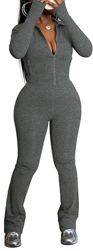 HBQ Women's 2 Piece Tracksuit Sets Long Sleeve Zip Up Crop Tops and Flare Pants Casual Workout Oufit Jogger Loungewear Set-Grey-L