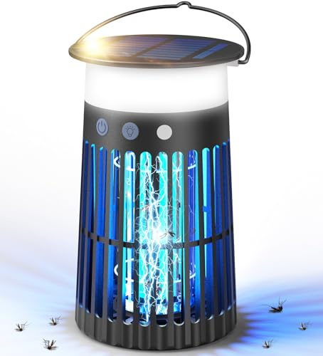 PRANITE Lámpara Antimosquitos Solar con Batería de 4000mAh y Luz RGB, Mata Insectos Eléctrico de 4200V para Exteriores e Interiores, Trampa para Moscas para Jardín, Terraza, Camping y Dormitorio