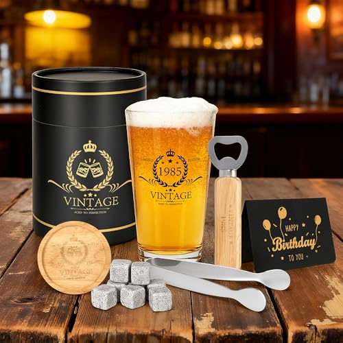 Vintage 1985 Whiskey Glass Set for Men – Personalised Bottle Opener, Wooden Coaster, Greeting Card, Gift Box – Perfect Birthday for Him