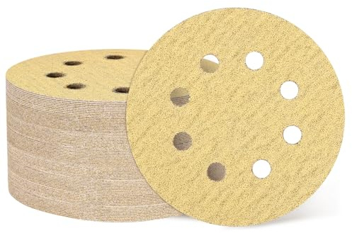 QUARKZMAN 50Pz 125mm 5 Disco Levigante 8 Fori 80 Grana Carta Vetrata a Gancio e Anello Levigatrice Orbitale per Lavorazione Legno Automobilistico Metallo, Oro