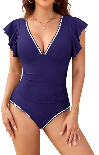 UMIPUBO Costume Da Bagno Intero Donna Modellante Curvy Collo A V Sexy Contenitivo Pancia Pieghe Push Up Schiena Nuda Volanti A Conchiglia Mare Swimsuit Con Coppe