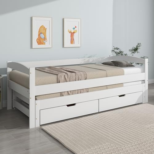 BXEYXE Cama individual y doble, cama deslizante con ruedas inferiores, con 2 cajones de MDF, marco de madera maciza, blanco (200 x 90 cm/190 x 90 cm)