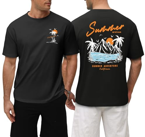 Xnova Men's Summer T Shirts 100% Cotton Short Sleeve Tops Loose Fit Streetwear Graphic Printed Tee Shirts Beach Palm Tree Surf Crew Neck Baggy Tshirts for Holiday Daily, Black, L