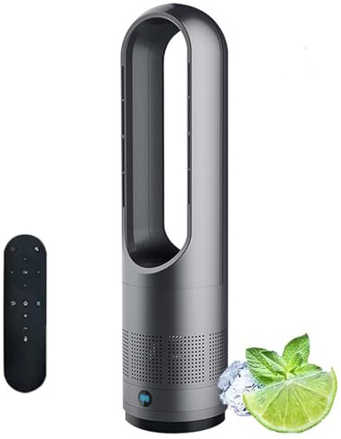 Ventilateur colonne avec télécommande, 45,7 cm (18 pouces), sans pales, 8 vitesses, fonction chaud/froid, oscillation à 80°, minuterie 8 h, ventilation portable, affichage LED, idéal pour la