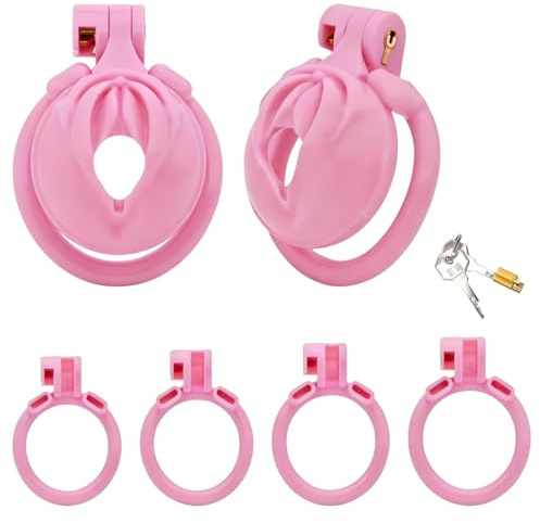 Sissy Chastity Cage Pink Male Cock Cage Lightweight Flat Penis Cage with 4 Cock Rings & Lock, Male Chastity Device BDSM Bondage for Man Penis Exercise, Sex Toys for Men Gays