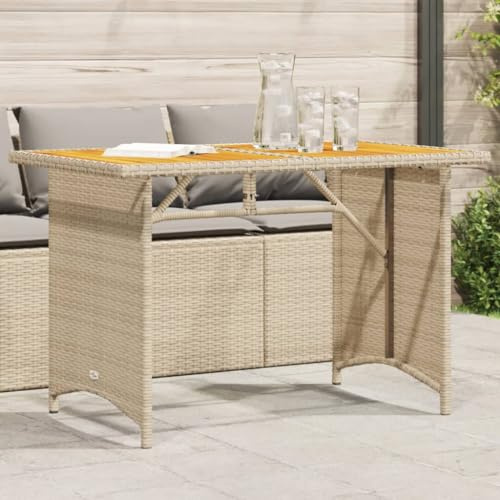 Owoxanthellate Mesa de jardín beige de 110 x 68 x 70 cm, polirratán con tablero de madera de acacia, resistente a los rayos UV y a la intemperie, para jardín, terraza, balcón
