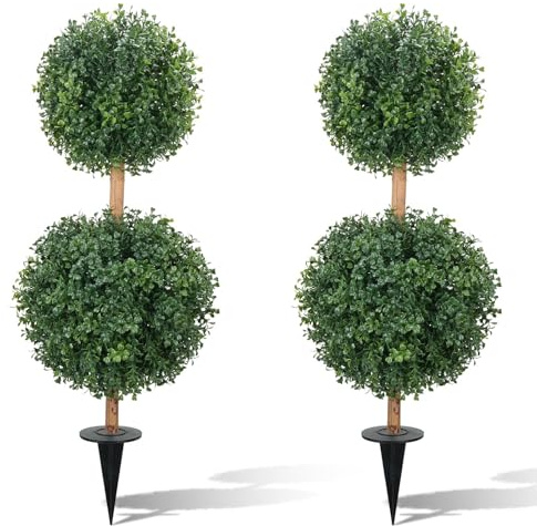 Fairblo 2 Pcs Artificial Topiary Balls Trees with Ground Spike 32 Inch Artificial Boxwood Plants Trees Outdoor UV Resistant Fake Bushes Trees Faux Shrubs Plants for Front Porch Patio Garden Balcony