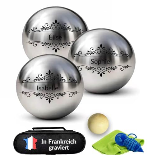 Generisch Personalisiertes Boule Set 720 g, Boule Set Triplette mit Gravur, 3 Kugeln mit Tasche, Schweinchen & Messschnur, Geschenk für Petanque Fans, Geburtstag & Ruhestand (schönes Muster 1)