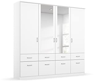 Rauch Möbel Bremen, Kleiderschrank, Farbe Weiß, Breite 181 cm | Schrank, Mehrzweckschrank, 4-türig, Spiegel, 8 Schubladen, für Schlafzimmer, Kinderzimmer, Homeoffice, Gästezimmer, Garderobe