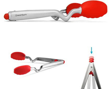 Dreamfarm Clongs | Non-Scratch, Stainless-Steel Click-Lock Sit Up Tongs with Silicone Heads | Red, 9 Inches