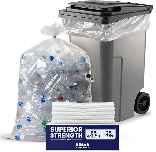 Plasticplace W65LDC2 65 Gallon Trash Bags │ 2.7 Mil │ Clear Heavy Duty Garbage Can Liners │ 50” x 48” (25 Count), Plastic, 65 gallons