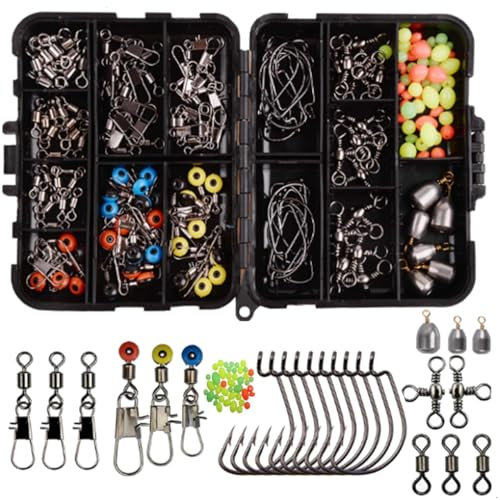 160pcs/box Fishing Accessories Kit, Including Jig Worm Hooks, Iron-Weights, Rolling Barrel Fishing Swivels Snaps, Sinker Slides, Fishing Line Beads, Fishing Gear Set with Tackle Box