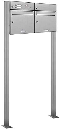 AL Briefkastensysteme 2er Edelstahl Standbriefkasten mit Klingel rostfrei als 2 Fach Briefkastenanlage in Postkasten Doppel-Briefkasten Design modern