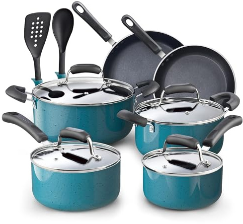 Cook N Home Pots and Pans Nonstick Cookware Set 12-Piece, Kitchen Cooking Set with Frying Pans and Saucepans, Induction Compatible, Turquoise