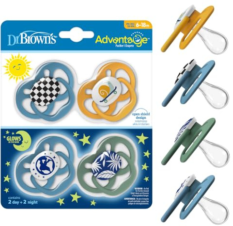 Dr. Brown's Advantage Nachtleuchtender Babyschnuller, vollsymmetrischer Schnuller mit weicher Silikonbirne, Skateboardschnecke, Blau, 6-18 m, BPA-frei, 4 Stück