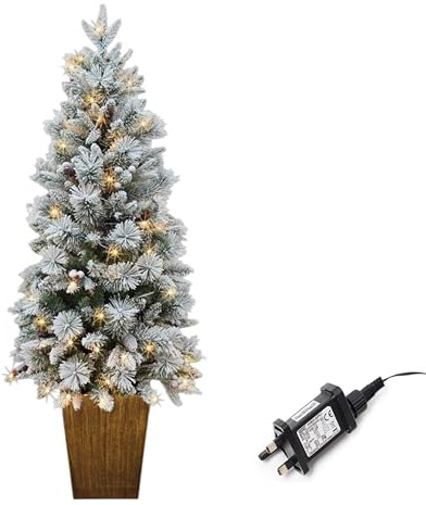 4Ft/1.2m Pre Lit Potted Snow Flocked Christmas Tree with 80 Warm White LED Lights Changing 8 Modes, Pine Cones and Red Berries Snowy Tips