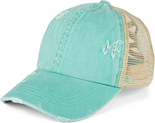 styleBREAKER Damen Ponytail Baseball Cap Used Look 6-Panel | Atmungsaktives Netzmaterial, Risse und Fransen. Elastische Kreuzbänder für hohen Zopf. Klettverschluss (54-59 cm Umfang).