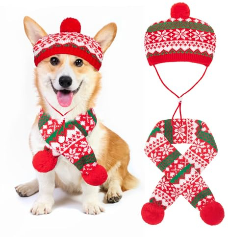Weihnachten Hundekostüme Hundemütze Schal Set Stricken Schneeflocke Print Puppy Xmas Outfits Haustier Kostüm Zubehör 2 Pcs Winter warme Kleidung für kleine bis mittlere Hunde Katzen