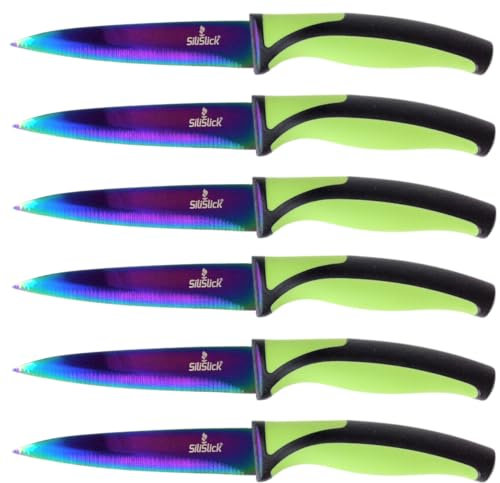 SiliSlick Ensemble de Couteaux à Steak - Couteaux en acier inoxydable avec revêtement en titane irisé/arc-en-ciel - 5 Pouces / 12,7 cm - (6 Poignée Verte)