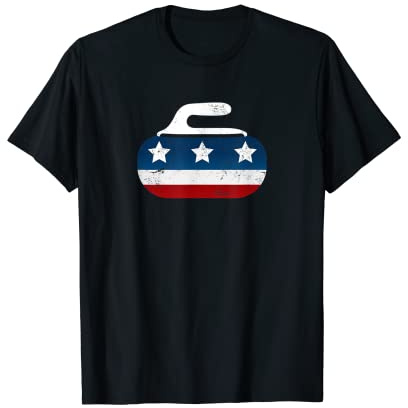 Curling Rock Design with American Flag Stars & Stripes T-Shirt for Women Kids Men