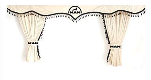 Ensemble complet de rideaux de chambre à coucher pour camion avec pompons noirs et crochets avec logo Man Beige