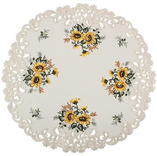 HanaQi Stickerei Sonnenblumen Mitteldecke auf Ecru - Crème Satin Optik Polyester Grundfarbe, ca. 60 cm Rund