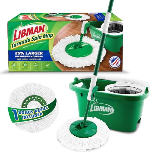 Libman Tornado Spin Mop System Plus 1 Nachfüllkopf | Mopp und Eimer mit Auswringer Set | Libman Mop für Bodenreinigung | Hartholz-Bodenwischer | 2 Moppköpfe insgesamt, grün