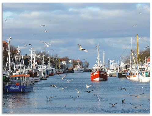 ARTland Wanddeko Wandbild Alu Verbundplatte für Innen & Outdoor Bild 60x45 cm Rostock Warnemünde Ostsee Kanal Hafen Schiffe Boote Möwen Maritime Deko Q2HO
