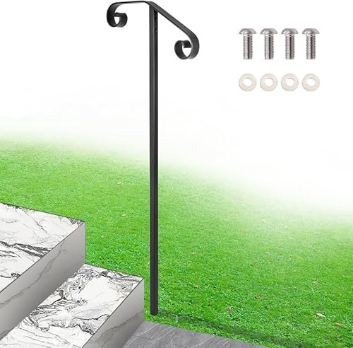 Aatrixkit Single Step Handrail, 1 or 2 Steps Single Post Handrail in Ground, Black Rust-Proof Wrought Iron Stair Railing for Seniors, Porch, Deck