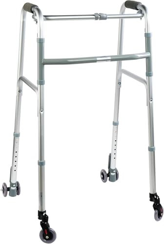 Deambulatore pieghevole, regolabile in altezza con 2 ruote piroettanti e 2 gemellate con sistema di frenata a pressione (2 Ruote Piroettanti + 2 Ruote Autobloccanti)