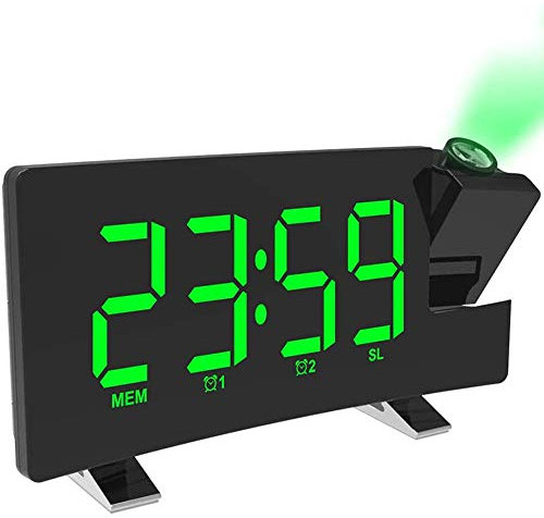ATAAY Sveglia a proiezione, Sveglia Digitale FM Schermo Curvo Radio FM/Proiezione dell'ora/Proiettore Regolabile/Snooze/Doppi allarmi/Porta Caricatore USB/12/24 Ore/Dimmer,Blue