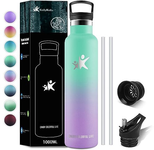 KollyKolla Trinkflasche 1L Edelstahl, Vakuum Isolierte Thermosflasche, Wasserflasche mit Strohhalm, Thermoskanne Auslaufsicher, BPA-Frei, Kohlensäure Geeignet, für Erwachsene, Sport, Fahrrad, Reisen