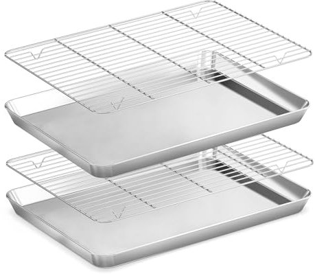 Fire More Teglie da Forno con Griglia di Raffreddamento in Acciaio Inox,Set di 4[2 Teglia Forno+2 Grigliaper Cuocere e Servire], Atossica e Sana, Facile da Pulire e Lavabile in Lavastoviglie