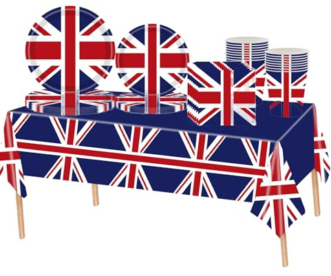 69 Stück Union Jack Partygeschirr Set,Partygeschirr Kindergeburtstag Servietten Pappteller Pappbecher Tischdecke,Geschirrset Dekoration Tischdeko Zubehör für Geburtstag Union Jack Royal Party