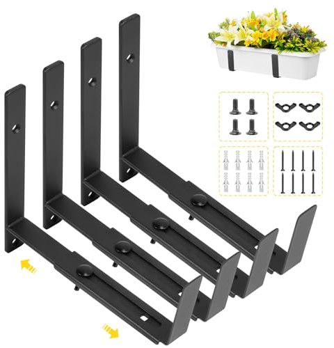 keilend Adjustable Window Box Brackets - 4 Pcs Heavy Duty Iron Flower Box Holder for Outdoor Garden, Fence, Balcony - Black, Fits 5.8 to 11 inch Windowsill Planters