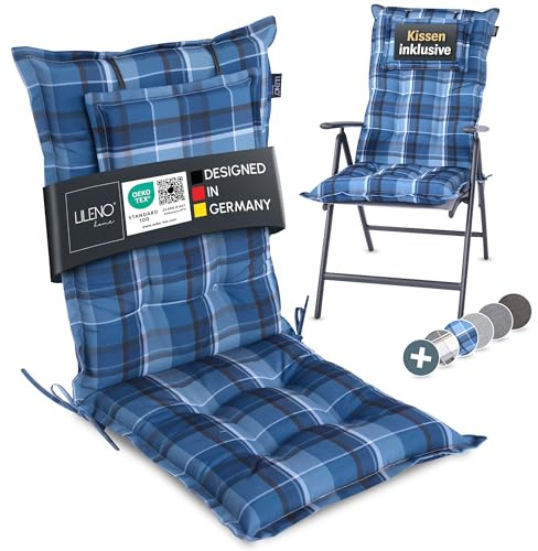 LILENO HOME Gartenstuhl Auflagen als [1er Set - Hochlehner] in Karo Blau - Bequeme Liegen als Sitzauflagen für Gartenmöbel - Stuhlkissen für Gartenstühle und Klappstühle MAR