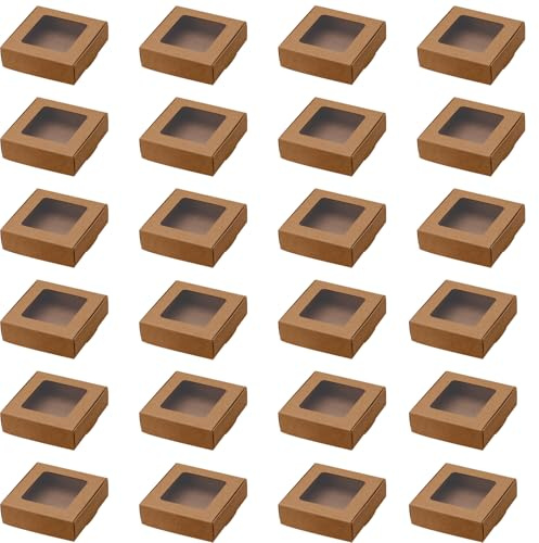 Spldsun 24 Stück Geschenkbox aus Kraftpapier, Quadratische Schachtel aus Kraftpapier, Kuchenbox mit Transparentem Fenster, Geeignet für Partys zur Aufbewahrung von Brotsnacks