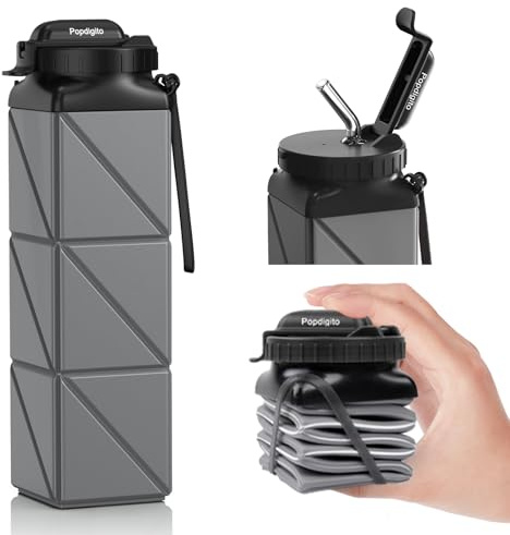 Popdigito Bouteilles d'eau pliables en silicone sans BPA avec sangle de paille - 600 ml - Couvercle anti-fuite - Réutilisables et légères - Pour voyage, camping, randonnée en plein air