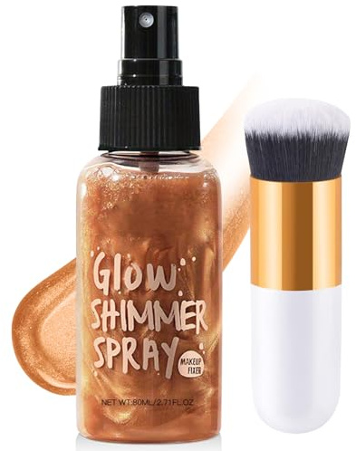 Body Shimmer Oil, Face & Body Glow Shimmer, Liquid Highlighter Spray, Hydrating Glow Lotion, Waterproof & Non-Sticky, Lightweight Skin Highlighter, Makeup Brush Include (Bronze Gold)