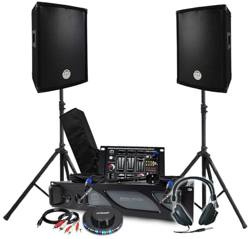 Pack Sono 1600 W BM Bmsonic Amplificador 1000 W, par de altavoces, mesa de mezcla, pies, cascos, cables, Micro Ovni LED DJ Fiesta