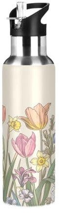 Waassud Water Bottle Vintage Spring Tulips Insulated Water Bottle Stainless Steel with Straw Sports Water Bottle bike Water Bottle 22 oz