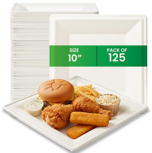FPN Plates Square,10 In 125Pack - Sugarcane - Compostable Eco-Friendly Dinnerware, Biodegradable Party Plates for Hot & Cold Food