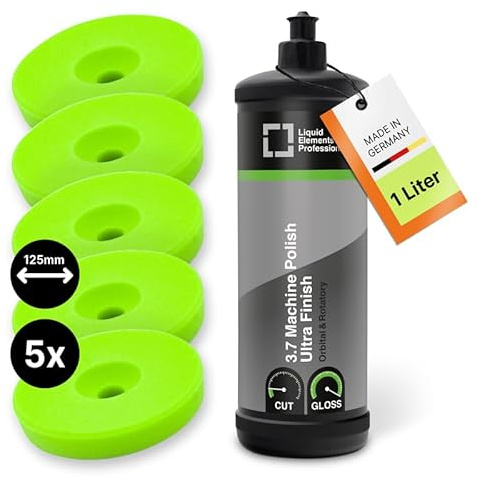 Liquid Elements Autopolitur Ultra Finish 1L, inkl. 125mm Pad | Polierpaste für Autolacke, Lackaufbereitung Komplettset, Centriforce V2 Polierschwamm, ideal für alle Poliermaschinen