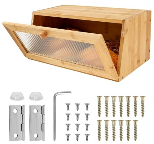 Retro Bamboo Bread Box with Drop Down Front Lid Small Countertop Wooden Bread Bin for Kitchen Storage of Homemade Bread Bagels and Dry Food Space Saving Bread Container for Fruits and Toast