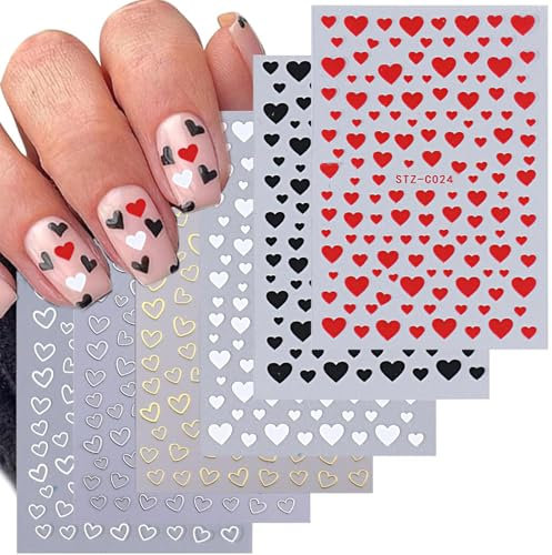 6 Blatt Herz Nagelsticker, Nagelaufkleber Selbstklebend, Valentinstag Nail Art Sticker, DIY Design Nageldeko, Herzchen Nagelkunst, Nägel Aufkleber Sticker Accessoires, Nageldesign für Frauen Mädchen