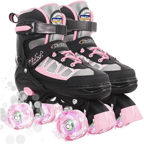 Nattork Kinder Rollschuhe für Mädchen, Rosa Verstellbare Rollschuhe für Größere Kinder im Alter von 7, 8, 9 und 10 Jahren für Anfänger Im Outdoor-Sport, das Beste Geburtstagsgeschenk für Kinder