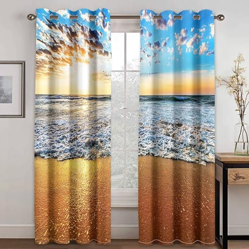 Mesnt Küchenvorhänge Landhausstil, 107x244cm Mehrfarbig Meer Strand Sonnenaufgang Schlafzimmer Gardinen und Vorhang Kälteschutz & Wärmeisolierend