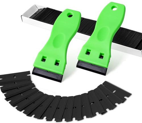 FOSHIO 2 pcs Grattoirs, Grattoir pour Plaque Vitrocéramique Verre Plaque Grattoir avec 100 raclettes de en Plastique, pour enlever Les étiquettes(vert fluorescent)