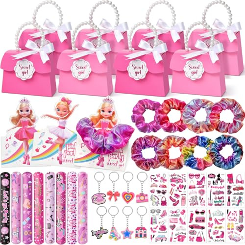 Toyssa Rosa Party Mitgebsel Kindergeburtstag Gastgeschenke mit Geschenktüten, Haargummis, Schlüsselanhänger, Tattoos, Give Aways Mitbringsel Kindergeburtstag für Kinder Mädchen